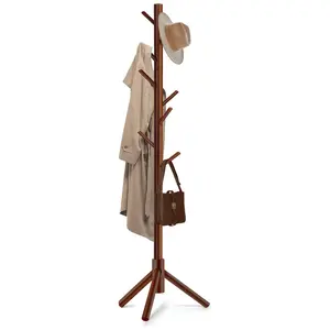 Solid Wooden Coat Rack Freestanding, New Zealand Pine Coat Tree with 8 Hooks & 3 Adjustable Sizes for Coats, Hats, Handbags and Scarves, Space Saving for Entryway/Office/Bedroom