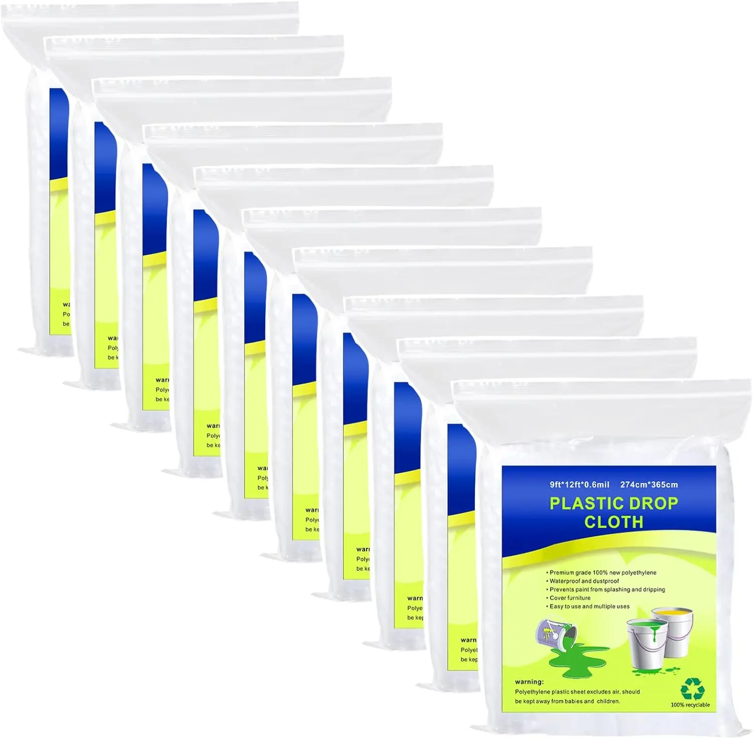 10-Piece Plastic Drop Sheets for Painting & Cleaning, Waterproof Dust-Proof Clear Tarps, 9x12 ft Furniture Covers (Home Improvement Paint Supplies)