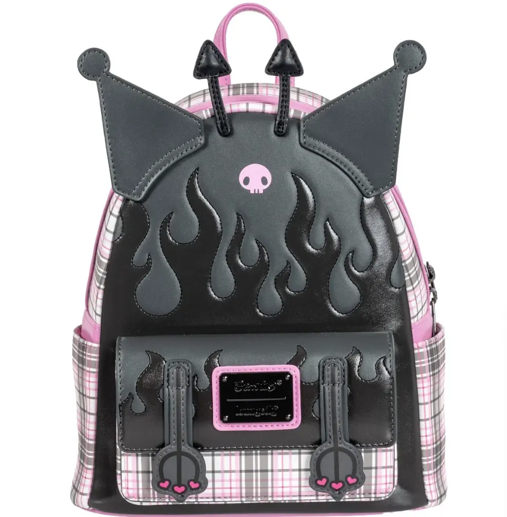 Sanrio Kuromi Flames and Plaid Mini-Backpack - Entertainment Earth Exclusive with Pink Plaid Design and Skull Accents