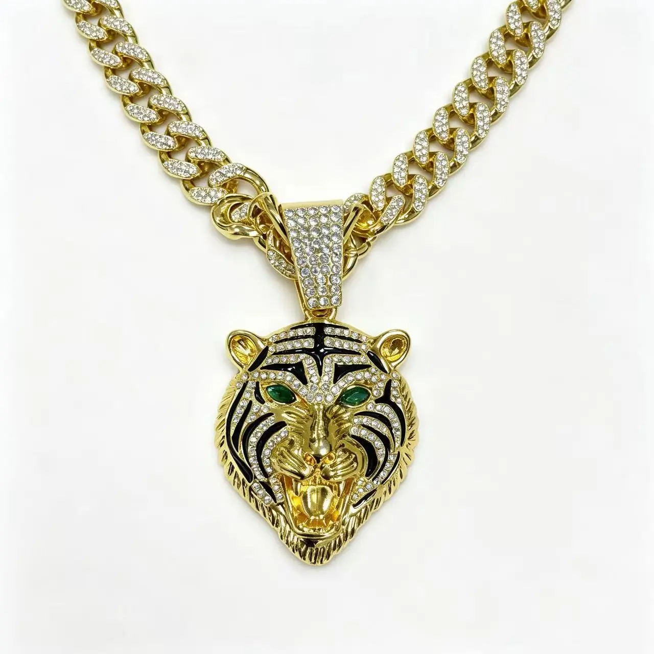 Unisex Tiger Head Cuban Link Necklace, Bold Look Metal Chain Costume Jewelry Accessory, Gold Plated