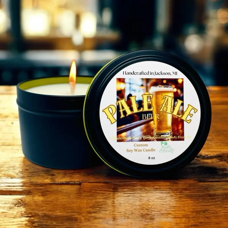 Pale Ale Beer Scented Candle | Realistic Aroma with Subtle Citrus Notes | Black 8 oz Tin