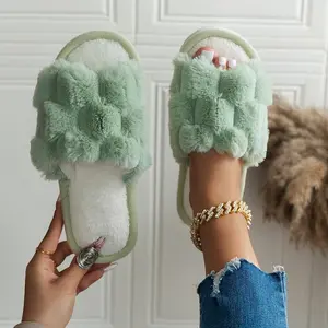 Women's Cozy Open-Toe Plush Slippers - Elegant Two-Tone Honeycomb Soft Sole with Fluffy Faux Fur Trim, Cloud-Like Comfort for Indoor Wear in Pink, Green & White