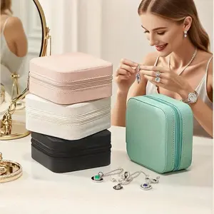 Portable Travel Jewelry Storage Box, Square Ring Earring Necklace Bracelet Organizer, Zipper Closure Multi-Layer Soft Lining