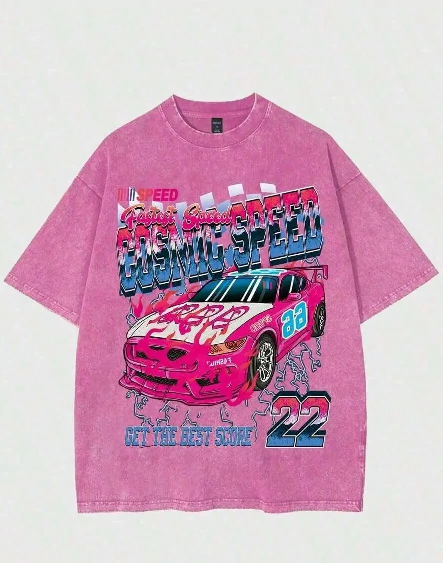 Men's Vintage Graphic Tees - Baggy Loose Relaxed Fit Oversized Round Neck, Casual Short Sleeve Washed Pink Streetwear Top with 'Cosmic Speed 22' Racing Graphic, Tshirt, Oversized Graphic Tee