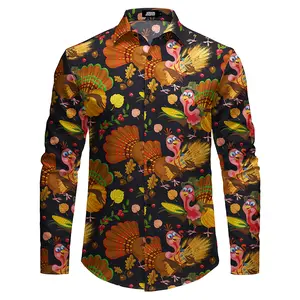 JOGAL Mens Christmas Shirt Turkey Thanksgiving Shirt Long Sleeve Santa Claus Button Down Shirt New Year Party Shirts