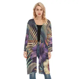 Women's Long Sleeve Mesh Cardigan Cover Up -- Tropical Dusk Harmony Fabric Fit Black Clothes