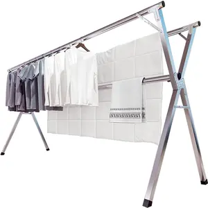 95 Inches Clothes Drying Rack Clothing Folding Indoor Outdoor, Heavy Duty Stainless Steel Laundry Drying Rack, Foldable Portable Garment Rack with 20 Windproof Hooks