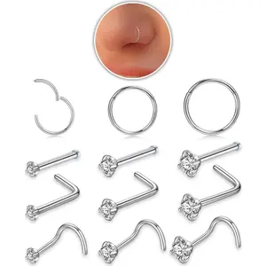 Unisex 12-Piece Hypoallergenic Nose & Body Jewelry Variety Pack, 18g Hinged Clicker Hoop & 20g Sparkling CZ Studs, 316L Surgical Stainless Steel, Multiple Daily Wear Styles, Hypoallergenic Jewelry
