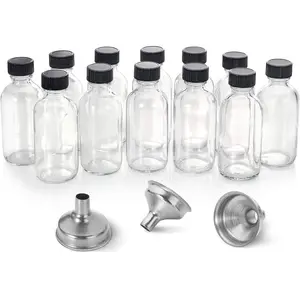 12 Pack, 2 oz Small Clear Glass Bottles with Lids & 3 Stainless Steel Funnels - 60ml Boston Sample Mini Travel Essential Bottles for Potion, Juice, Wellness, Ginger Shots, Whiskey, Liquids