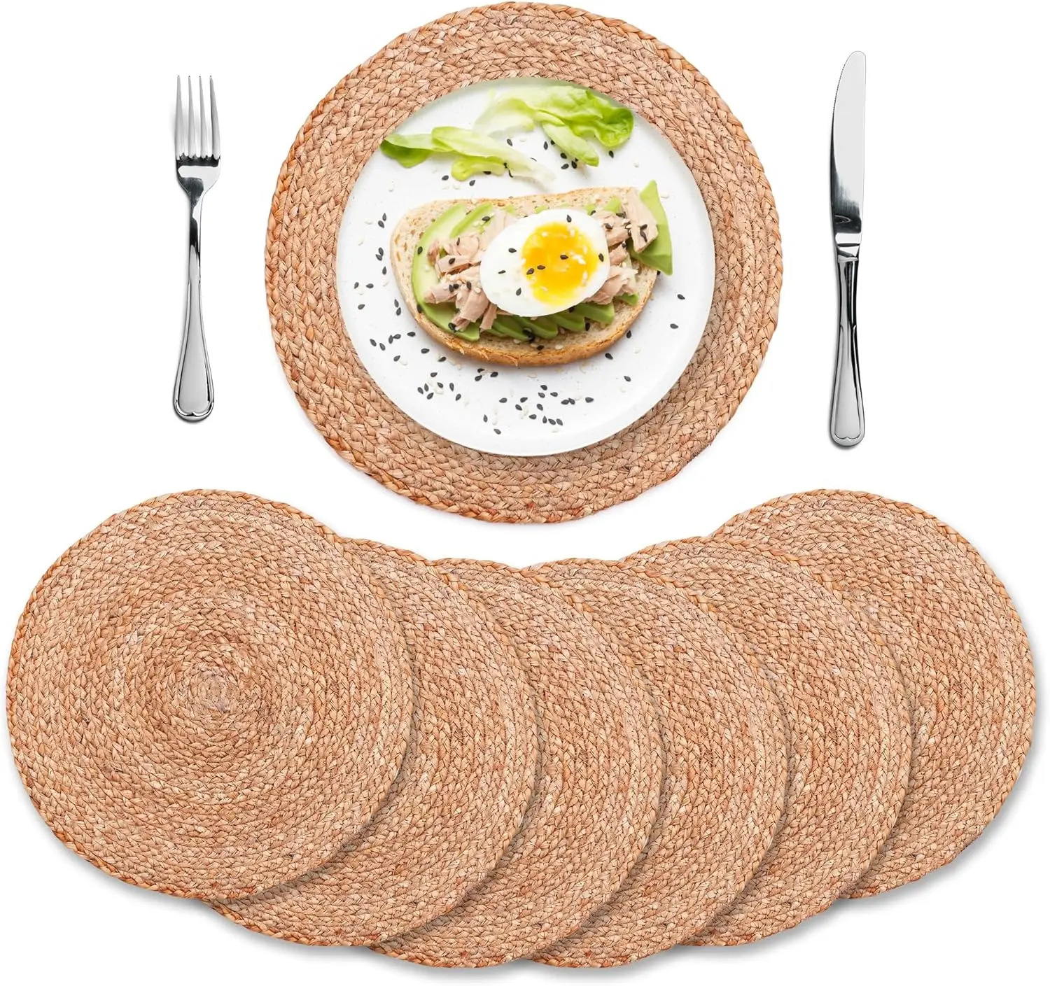6 piece 13.5 Inch Woven Placemats Round Rattan Placemats Braided Straw Table Mats Boho Wicker Placemats for Dinner Plates