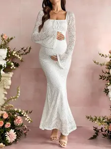 GLOWBUMP Valentine's Day White Flare Sleeve Lace Bodycon Fishtail Maternity Dress