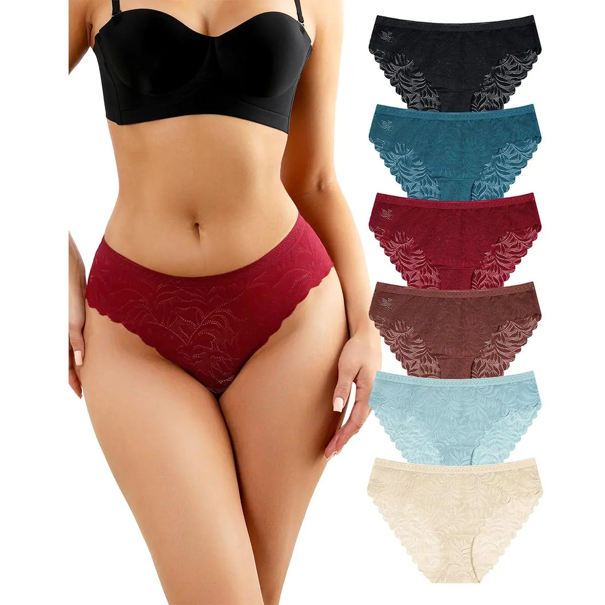 LEVAO Women's 6-Pack Multicolor Polyamide Lace Underwear Panties - High-Cut Lacy Cheeky Seamless Briefs, Breathable for Everyday Use