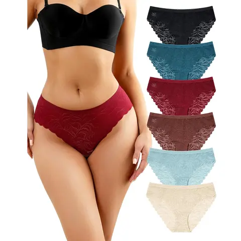 LEVAO Women's 6-Pack Multicolor Polyamide Lace Seamless Panties - High-Cut Cheeky Bikini Briefs, Ruffled Trim, No Digging, Breathable Stretch, Casual Underwear for Women, Burgundy/Sky Blue/Coffee Everyday Wear,sohochic