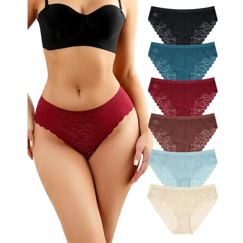 LEVAO Women's 6-Pack Multicolor Polyamide Lace Seamless Panties - High-Cut Cheeky Bikini Briefs, Ruffled Trim, No Digging, Breathable Stretch, Casual Underwear for Women, Burgundy/Sky Blue/Coffee Everyday Wear,sohochic