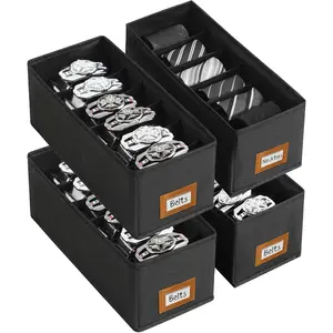 4 PCS Belt Organizer for Closet, 6 Grids Belt Holder, Washable Belt Box, Foldable Tie Organizer for Men, Belt Storage for Drawer (Black, card window)