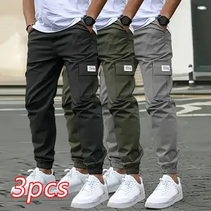 Men's Casual Solid Color Sports Pants - Multiple Flap Pockets, Drawstring Waistband, Polyester, Outdoor Work Pants, Running Pants Streetwear Joggers Banded Bottom Sweatpants