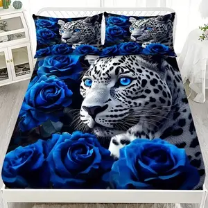 3-Piece Soft Bedding Set, Blue Eye Leopard & Rose Pattern, Suitable for All Seasons, Bedroom or Guest Room Use