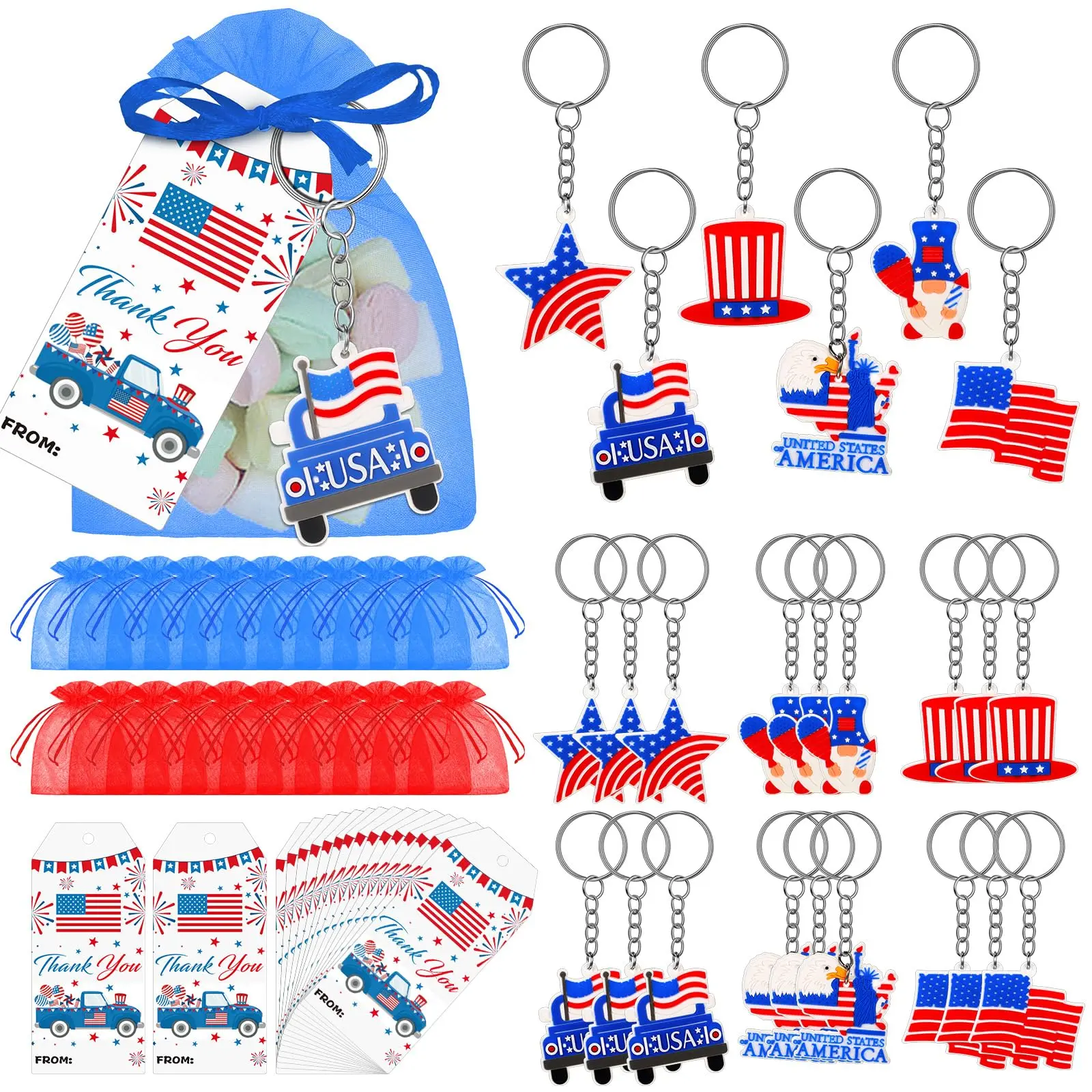 24 Sets Patriotic American Flag Keychain Supplies for 4th of July 250th Anniversary, Memorial Day Party Favors, Key Chain Decorations, Keyrings for Keys, Gift Bag Stuffers for Summer Camp Teachers