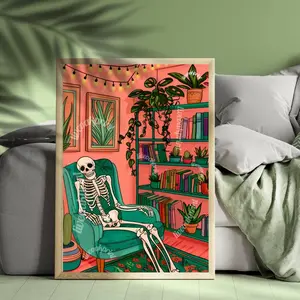 [Sale Off Up To 35%] Skeleton In A Cozy Living Room - Boho Halloween Print - Cute Skeleton Print - Maximalist Skeleton Print - Eclectic Halloween Decor[NO FRAME][FREE SHIP]