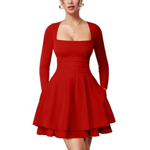 OYS Women's Square Neck Ruffle Hem Mini Dress Ruched Waist Long Sleeve Corset Short Party Dresses With Pockets