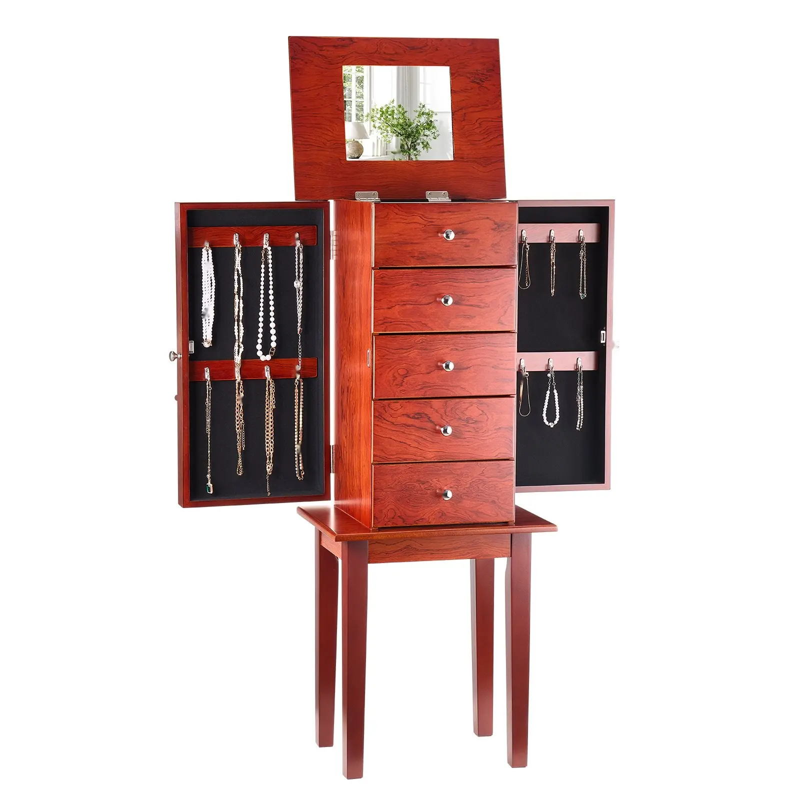 Elegant Jewelry Cabinet Armoire Standing Jewelry Storage Chest With Mirror, Four Drawers, Compartmentalized Jewelry Organizer For Necklaces, Rings, Bracelets, Earrings, And Watches, Lockable Chest, Timeless Bedroom Decor