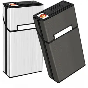 Aluminium Alloy Storage Case with Built-in USB Rechargeable Flameless Lighter, Extra-Large Portable 2-in-1 Home Accessory for 100s 100mm Specifications, ABS Accessories Included