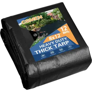 Heay Duty Waterproof 8x12ft Black Tarp Cover Plastic Poly Tarpaulin for Outdoor Cover Emergency Rain Roof Pool Boat Camping Multipurpose with 12Mil Thickness
