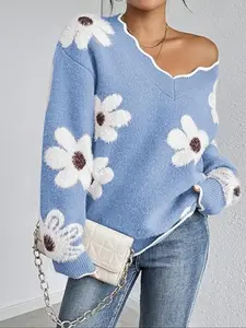 Women's Floral Pattern Scalloped V-Neck Long Sleeve Sweater, Casual Sweet Knit Fitted Pullover for Spring & Fall, Fashion Women's Knitwear for Daily Wear, Womenswear