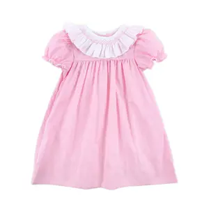 Pink Gingham Smocked Ruffle Collared Dress