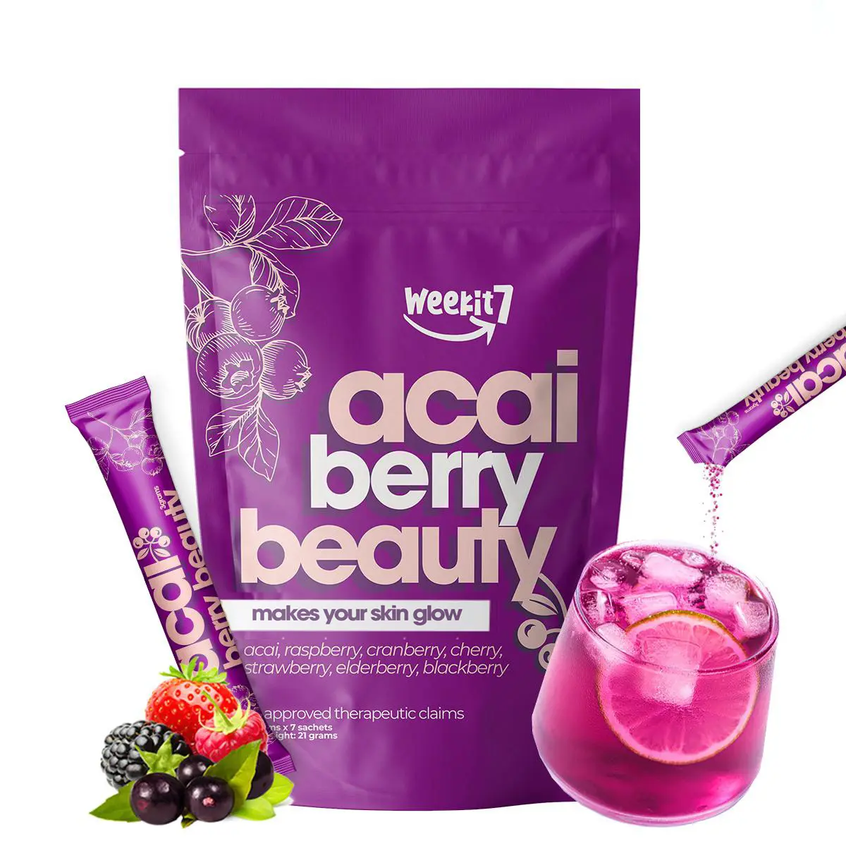 Weekit7 Acai Berry Beauty Powder Drink - 7 Kinds of Mixed Berries - Organic Antioxidant Superfood Boost Support Vitamins Beauty Supplement Fitness Low Calorie Dietary - Edible Healthcare