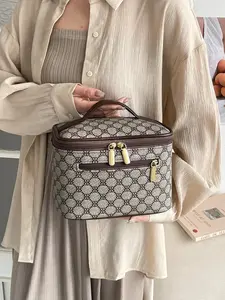 Women's PU Dot Print Handbag, Large Capacity Makeup Bag, Cosmetics Bag, Zippered Compartments, Fashionable and Portable, Ideal for Travel and Gifts