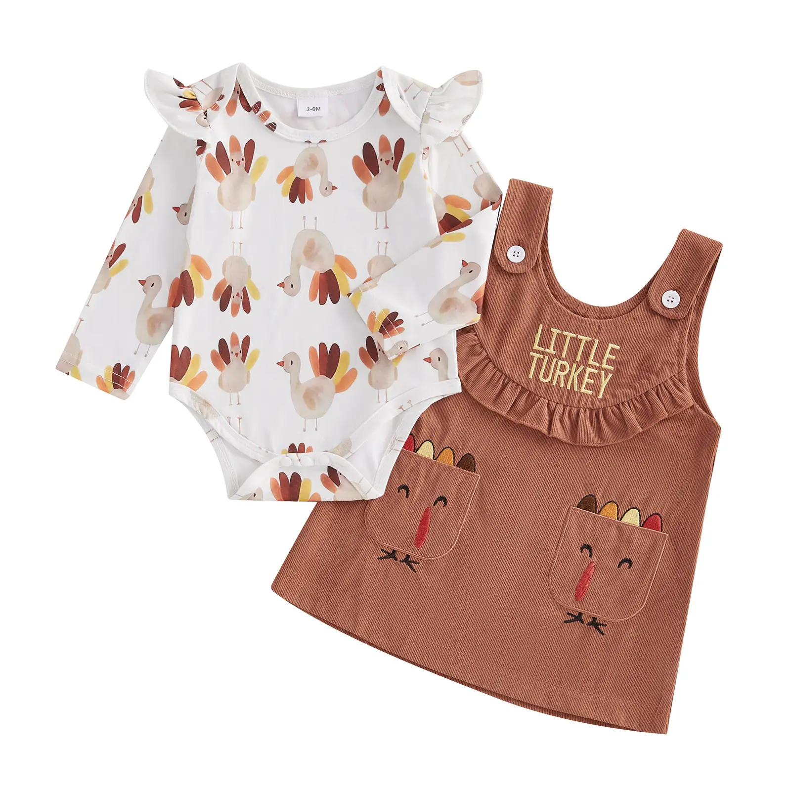 Baby Girls 2 Piece Outfits 0-18M Thanksgiving Turkey Print Long Sleeves Romper and Dress Fall Spring Clothes
