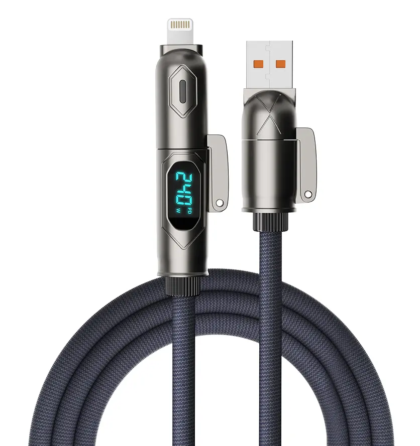Finekeep 4-in-1 USB-A Charging Cable - 6 ft 5A Heavy-Duty Nylon Braid Cord, Durable Alloy Connector for Android, Lightning Mobile Devices with Digital Display