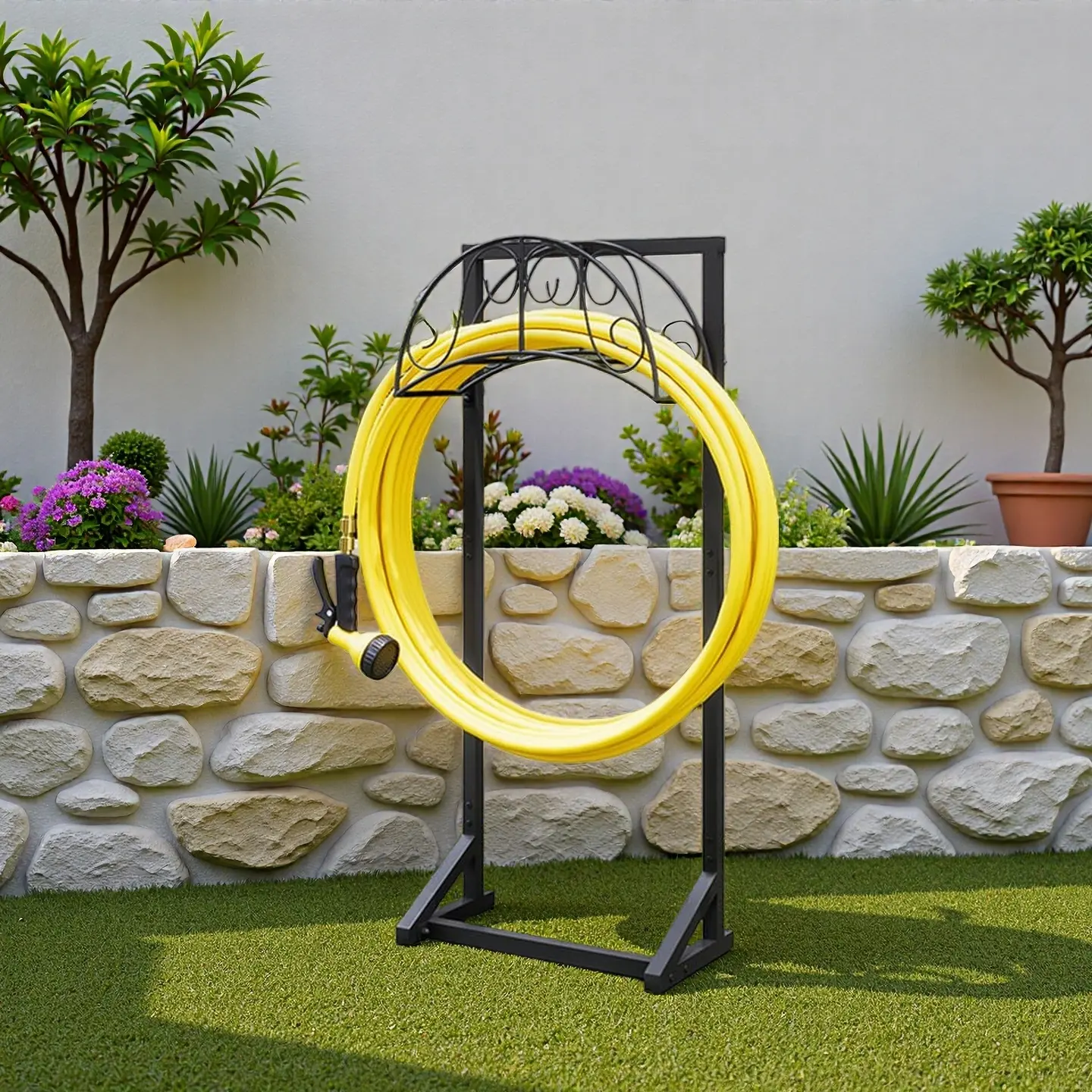 SUOERNUO Heavy Duty Steel Metal Hose Stand, Freestanding Garden Hose Holder with 4 Spikes & Tool Hooks, Easy Install for Watering, 15.35x7.09x43.31in Garden Supplies