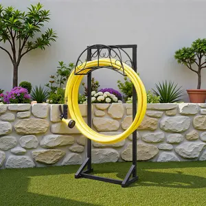 SUOERNUO Outdoor Garden Hose Holder Freestanding Heavy Duty Metal Hose Reel Stand with 4 Spikes & Tool Hooks Black 15.35x7.09x43.31