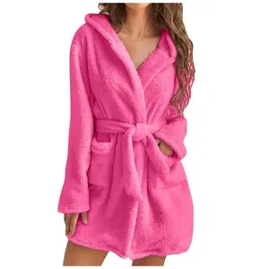2025 Autumn Winter Warm Bathrobe Hooded Home Clothes Fuzzy Pajamas Nightgown Womenswear Loungewear No.459