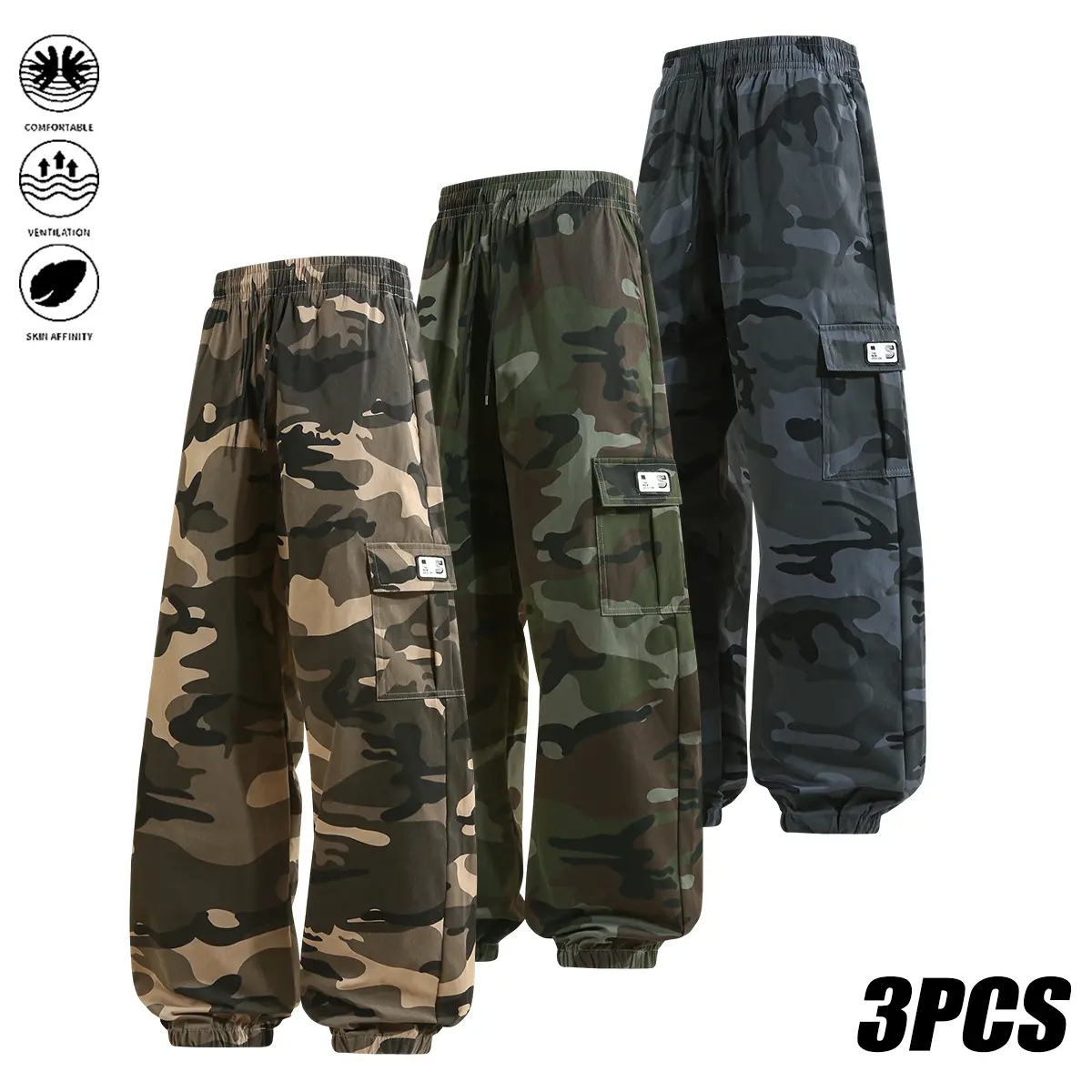 3-pack men’s camouflage cargo pants, breathable and comfortable camouflage workwear pants with a multi-pocket design, perfect for outdoor hiking and camping, also suitable for everyday casual wear and sports; men’s apparel, camouflage pants.