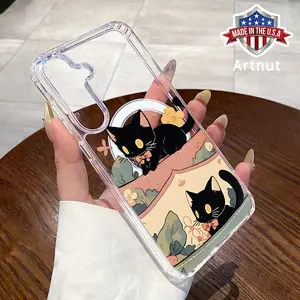 Clear MagSafe Case Compatible with Galaxy S24 Plus S25 S23 FE S22 Ultra S22+ Weaver Kitten Pattern Acrylic Back Soft Silicone Edge Anti-Fingerprint Hard Cover Gift