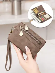 Women's Dual-Fold Wallet with Zipper Coin Pouch, Short Wristlet Purse, Casual Plain Design, Perfect Gift for Travel, Christmas, Valentine's Day