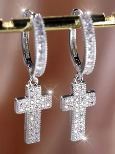 Elegant Studded Cross Earrings Dangle Design, Synthetic Zirconia Boho Style Hoop Earrings for Women & Men Ear Hooks, Religious Jewelry for Women