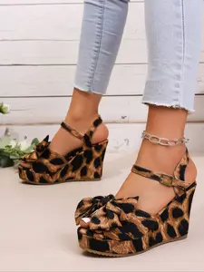 Elegant Women's Mid-Heel Wedge Shoes, Fashionable Party Shoes, Leopard Bow Design, Waterproof Textile Upper, Rubber Sole, All Season Footwear, Platform Heel