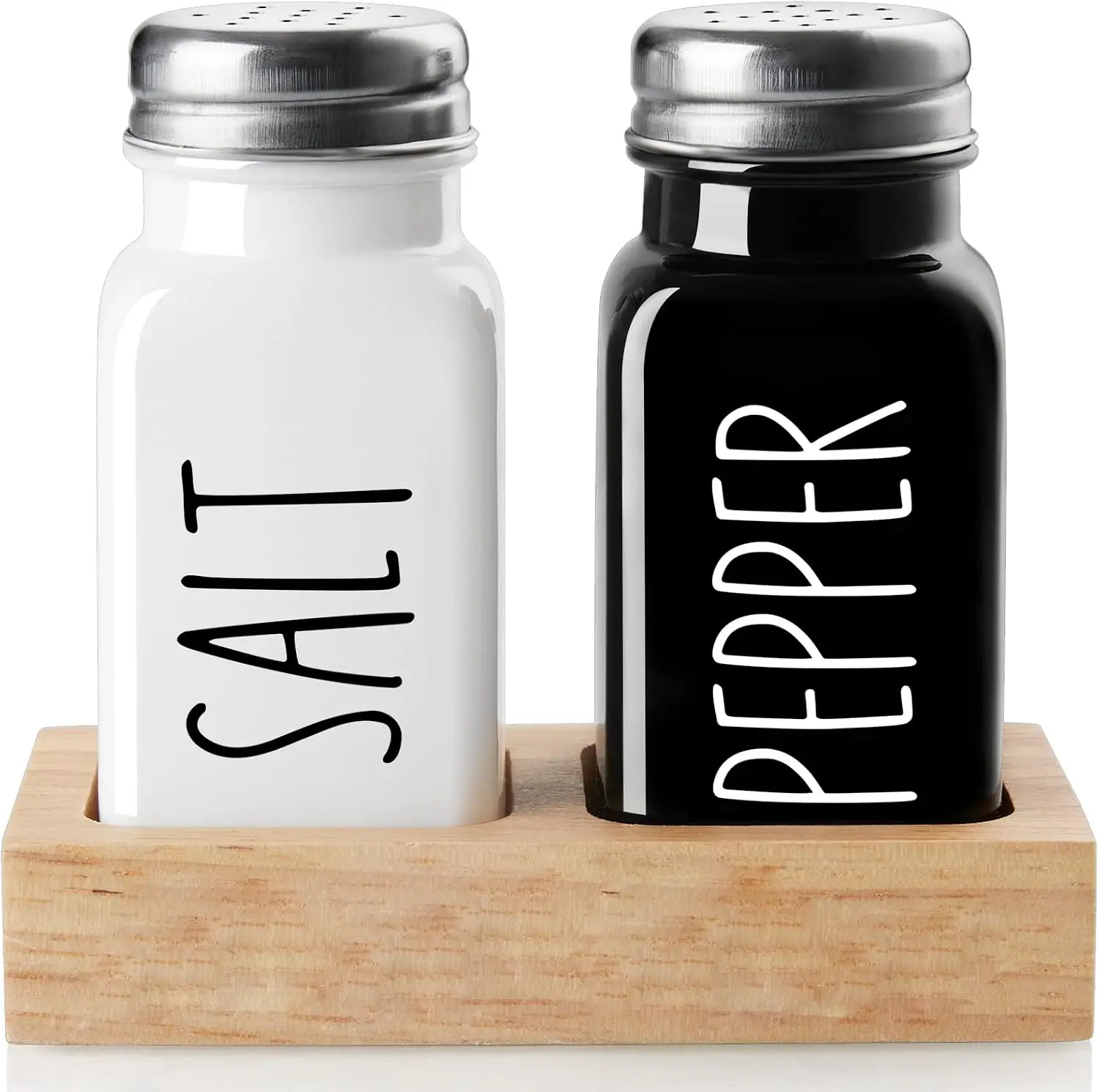 Salt and Pepper Shakers Set with Holder - Glass Salt Shaker with Wood Caddy for Kitchen Counter or Table - Black and White Kitchen Decor and Wedding Gifts -2.7 oz