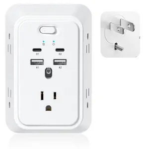 2 to 3 Prong Outlet Adapter, 2 Prong Power Strip with 5 AC Outlets & 4 USB (2 USB C), Polarized Plug, 3-Sided Wide Spaced Surge Protector, Wall Mount for Non-Grounded Plug Old Homes & Hotels