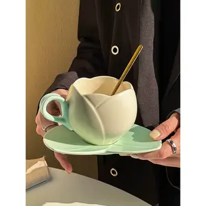 Charming Ceramic Tulip Cups & Saucers Set with Tray - Flower-Shaped Coffee Mugs for Lovely Drinks, Perfect for Tea Parties and Home Decor Does not apply