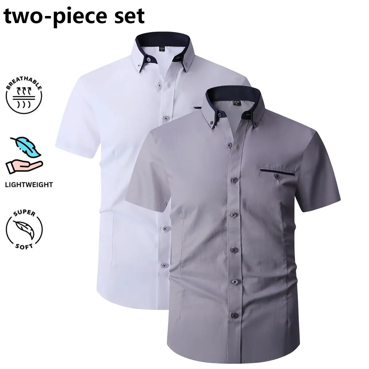 2-pack summer short-sleeve regular shirts for men—business/professional work shirts with a turn-down collar, short sleeves, button front closure; business casual style; solid color, soft, smooth fabric; suitable for everyday summer outings and commuting.