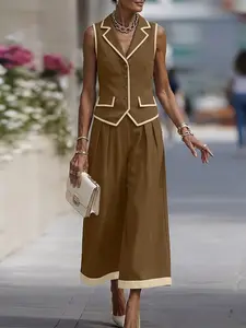 Women's Commuter Colorblock Lapel Sleeveless Asymmetrical Hem Vest + Nine-Patch Pants Set, Two-Piece Unlined Suit, Fitted Style