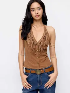 Cider Halter Neck Fringe Button Front Top