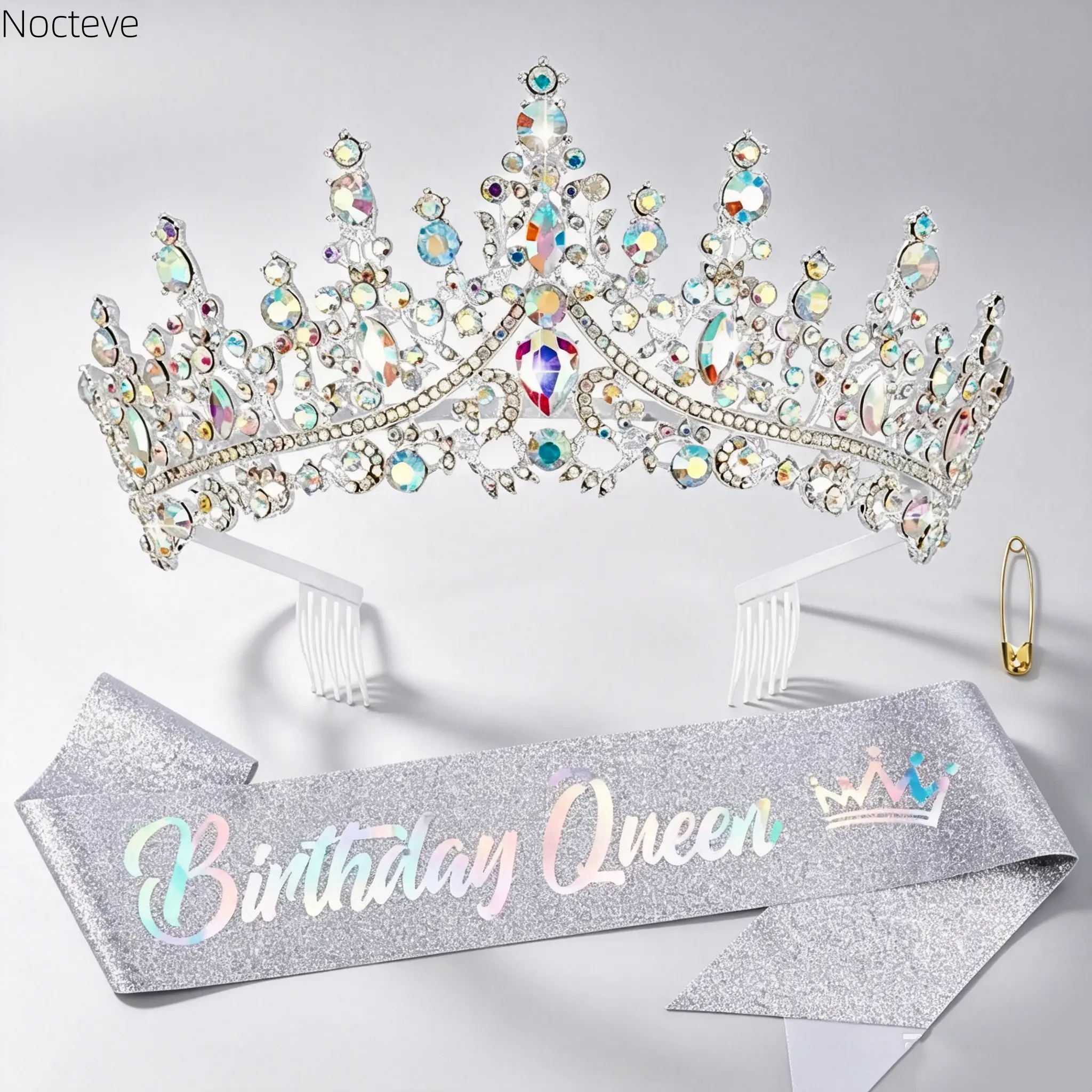 Women’s Baroque Rhinestone Party Accessory Set, Shiny Birthday Queen Tiara Crown & Decorative Sash, Elegant Western Fashion Hair & Body Ornaments for Birthday Parties, Banquets & Formal Events