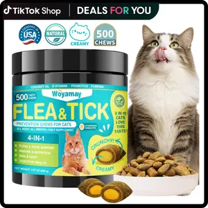Woyamay Cat Flea & Tick Prevention, 4-IN-1 Cat Chewables Support Immune, Skin & Coat, Digestion & Gut Health with Omega-3, Multivitamin Supplement for All Ages & Breeds-500 Chews