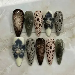 Earthy Floral Press On Nails | Brown Green Nature Nail Set | 3D Flower Dot Design Handmade Nails | Neutral Aesthetic Trendy Press Ons